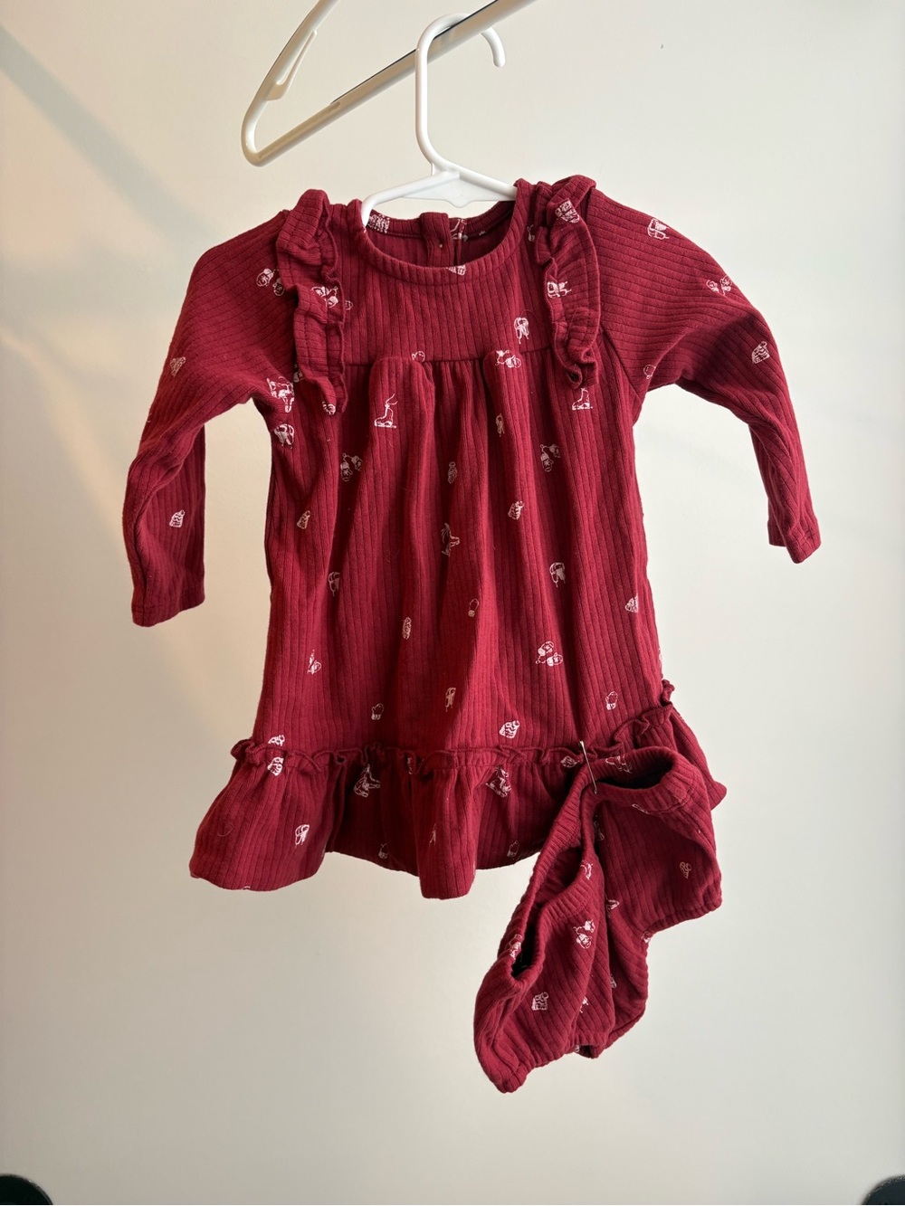 Ettie & H Baby Girl Long-Sleeve Ruffle Dress, Winter Print in Burgundy w Bottom